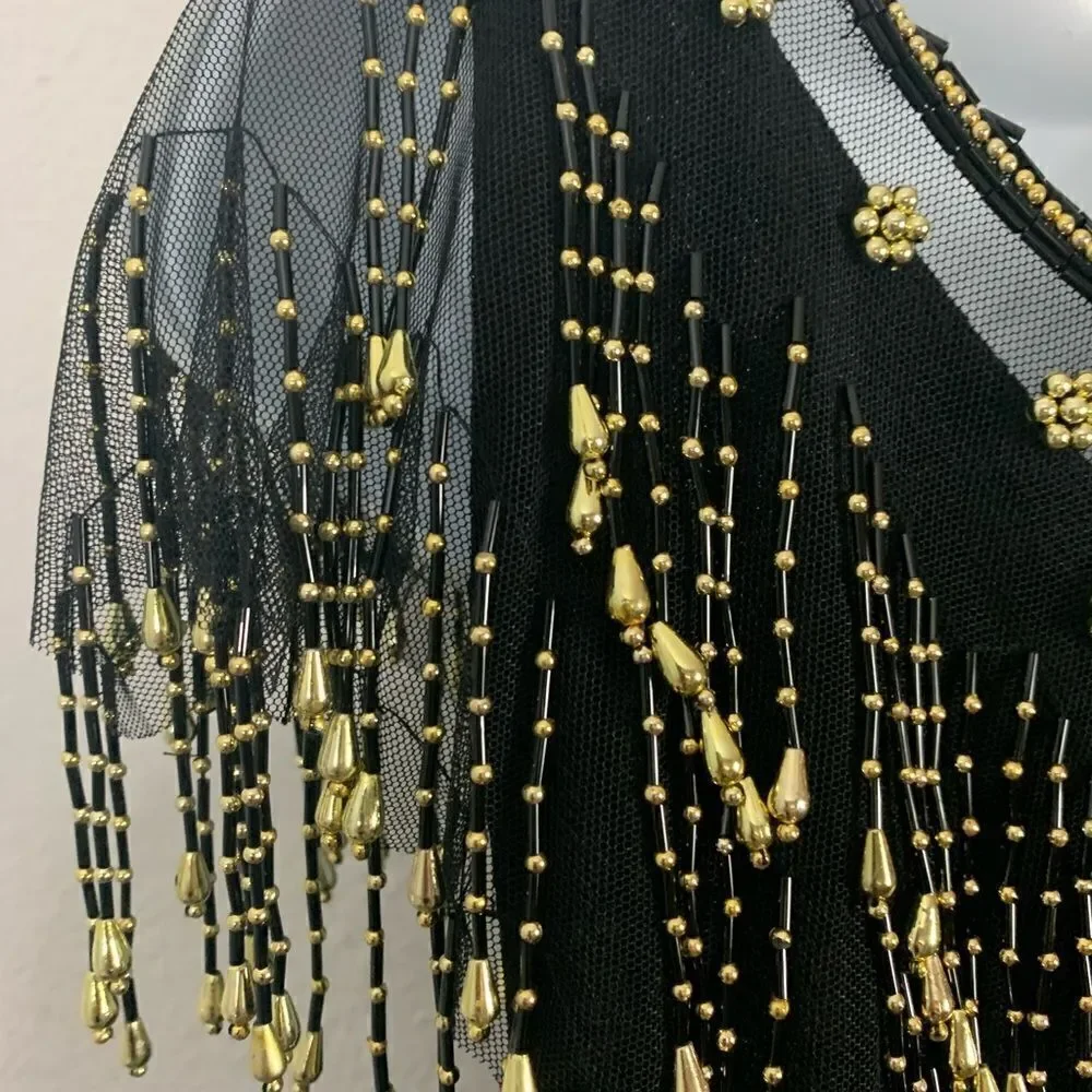 Vintage Black Christmas New Years Festive Dress w/ Gold Sheer Beaded Overlay - Picture 8 of 14